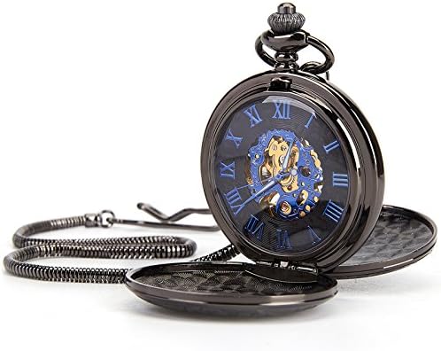 Retro Mens Black Half Double Hunter Skeleton Mechanical Roman Numerals Pocket Watch with Chain Gift (Golden)