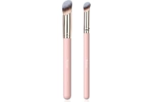 Rytrre 2Pcs Angled Concealer Brush Under Eye Nose Contour Brush Kabuki Makeup Brush for Beauty Makeup Liquid Cream Powder Blending Buffing Stippling (Pink, 270S+370S)