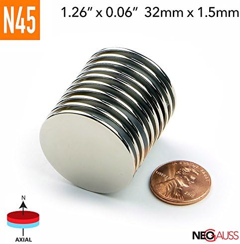 100pcs N45-32mmx1.5mm 1.26" x 1/16" Strong Neodymium Magnets Discs DIY - by NEOGAUSS