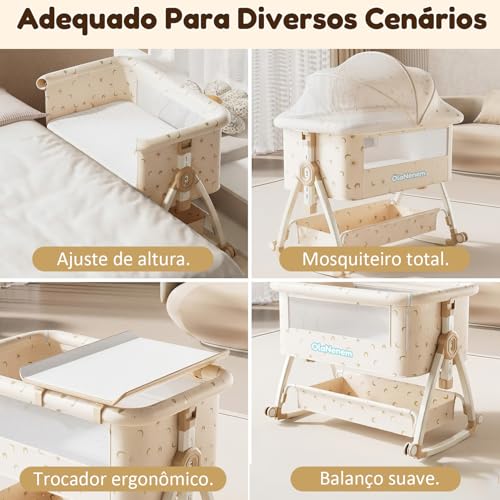 OLANENEM 6 em 1 Berço Portátil, Moises para bebe com Fraldário e Mosquiteiro, Acoplado à Cama com Suporte Triangular de Aço Carbono, 6 Alturas e Inclinação Antirrefluxo 5°(Bege)