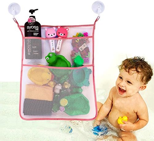 Bath Toy Organizer - Bathroom Tub Storage 3 Bonus Suction Cups Hook Machine Washable Pink