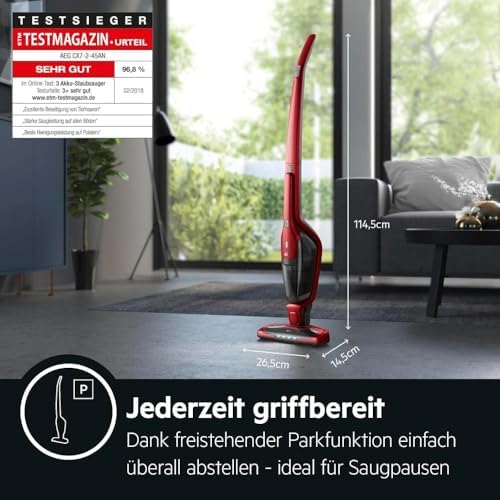 Ergorapido 2in1 Akku Staubsauger, Beutellos, inkl. Tierhaardüse, ETM Testsieger, bis zu 45Min Laufzeit, Freistehend, 180° Drehgelenk, Bürstenreinigungsfunktion, LED-Frontlichter, Rot, CX7-2-45AN