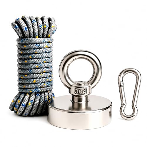 Tender Trove Kit Pesca Magnetica Ima Neodimio 200kg, 60mm, Corda Trancada 20 Metros, Mosquetao Aco Inox, Recuperacao Objetos Metalicos Rios Lagos