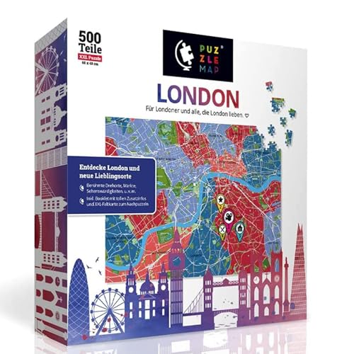 PuzzleMap Puzzle Plan de la Ville de Londres - XXL 500 pièces - avec livret et Carte Pliante - Dimensions du Motif : 68 x 48 cm - Guide de Voyage - Cadeau Souvenir