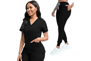 YEZEX Scrubs for Women Set, Women's V-Neck Top & Jogger Scrub Pants, Nursing Uniform Scrubs Set with 8 Pockets