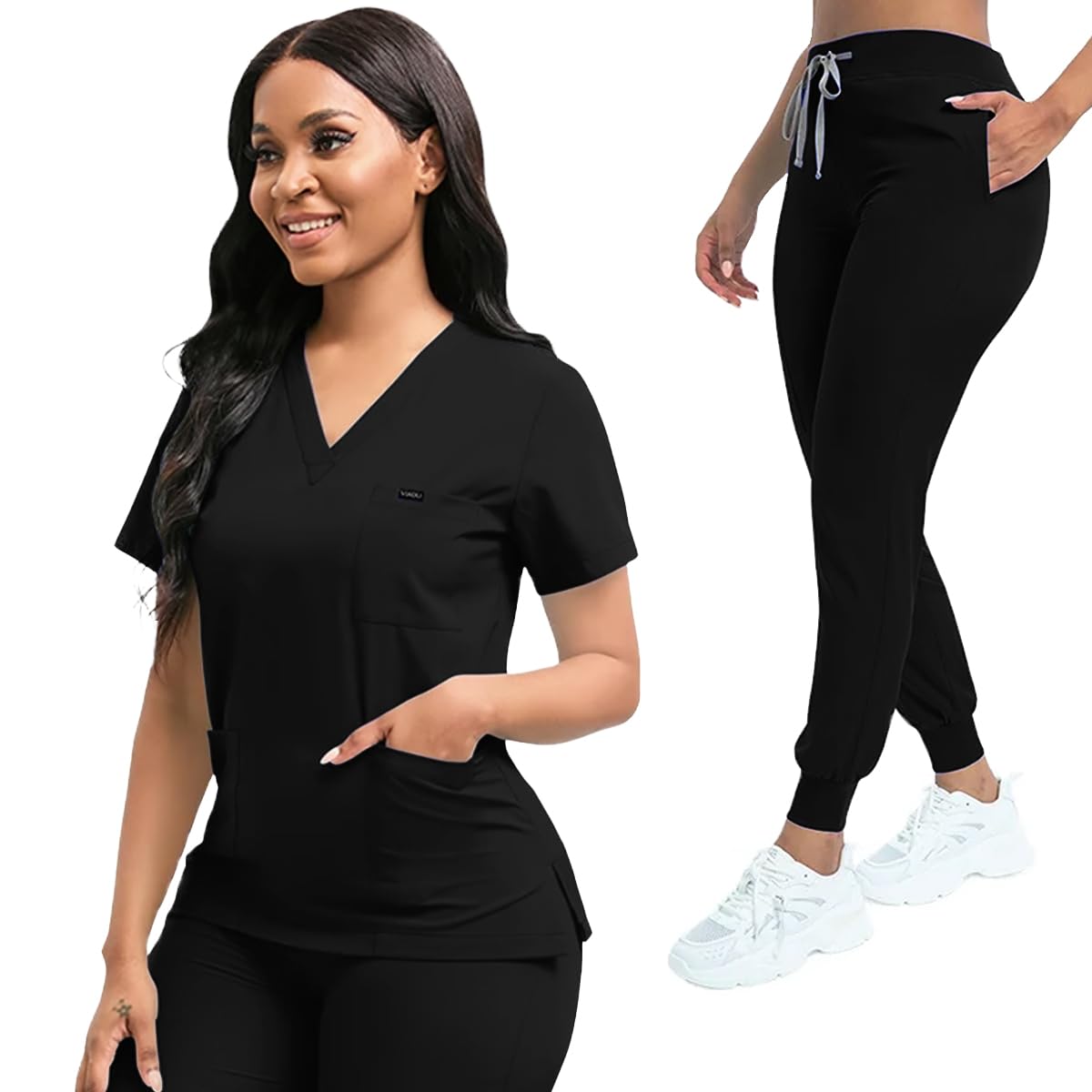 Photo 1 of YEZEX Scrubs for Women Set, Women's V-Neck Top & Jogger Scrub Pants, Nursing Uniform Scrubs Set with 8 Pockets, for Nurse Esthetician Workwear (Black)