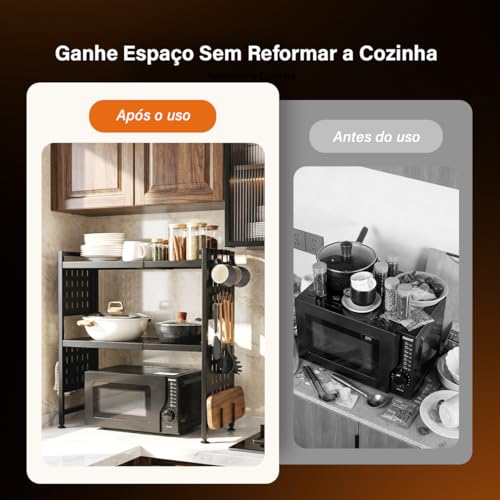 Heemli Suporte Organizador para Microondas e Especiarias, Escalável Prateleira de Cozinha em Aço Carbono Preto, Multifuncional 3 Níveis com Gancho para Utensílios Armazenar(44-68cm)