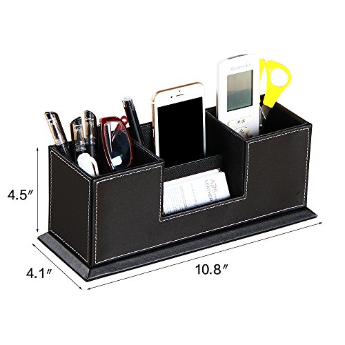 PU Leather Multi-function Desk Stationery Organizer Storage Box Pen Pencil Holder Business Cards Stand Mobile Phone/Remote Control Holder Office Supplies Holder Collection Desktop Organizer(Black) - Thumbnail 2