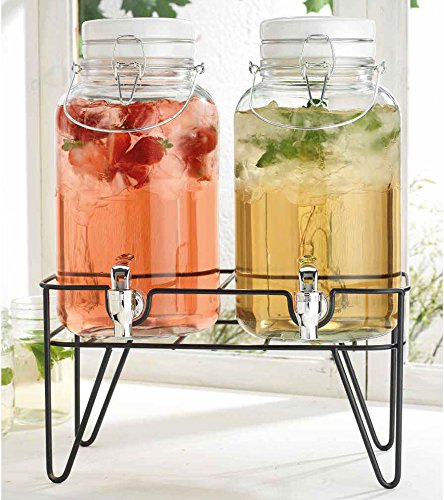 Palais Glassware Clear Glass Beverage Twin Dispenser with Bail & Trigger Locking Lid - 1 Gallon Each, with Metal Base (Flat with Ceramic Lid)