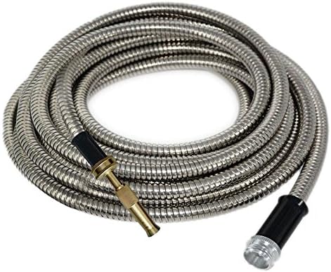 COLIBYOU 50' FT Metal Garden Hose 304 Stainless Steel 18 Gauge Super Light Weight With Solid Brass Fireman Twist Nozzle Sprayer