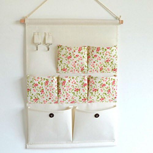 YIXINZHI Linen/Cotton Fabric Over Wall Door Closet Window Hanging Storage Case Organizer Bag, floral prints7-Pocket Wall Hanging Multipurpose Accessory Organizer with 2 Hooks