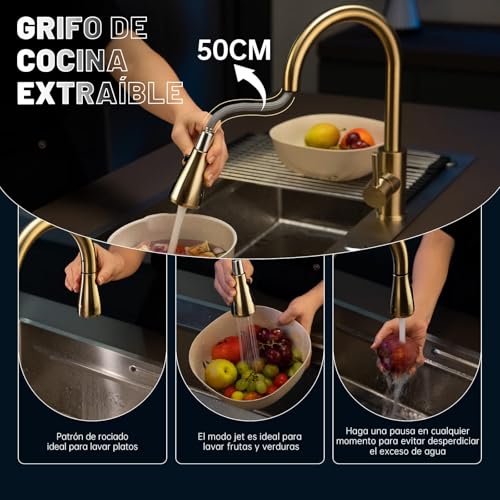 BLYLUND Grifos de cocina Dorado, moderno grifo de fregadero de cocina sus304 de acero inoxidable de un solo mango grifo de la cocina, oro cepillado