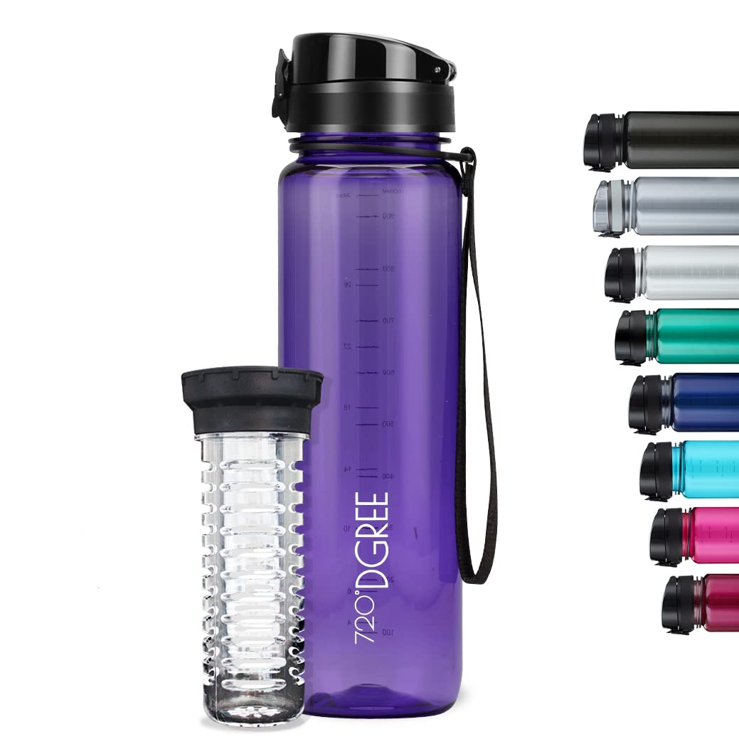 720°DGREE Water Bottle “uberBottle“ - 1 L crystalClear +Fruit-Infuser - BPA-Free Tritan, Leakproof, Reusable Drinking Bottle - Sports Bottle for Gym, Fitness, Cycling, Travel, Kids, School Office