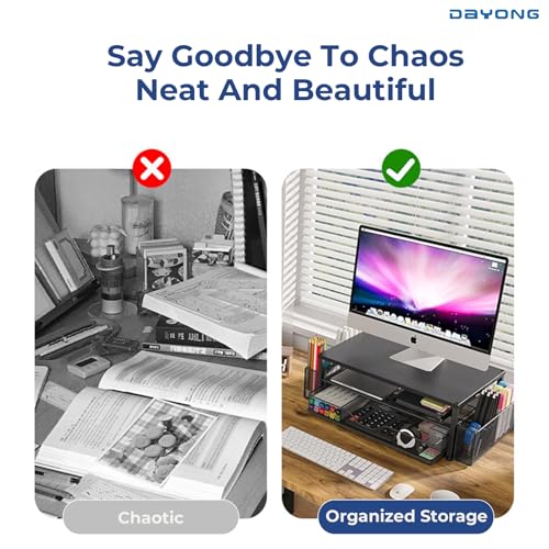 DAYONG Computer Monitor Stand Riser, Desk Organizers and Accessories with Storage Drawers, Metal Monitor Stand with 2 Pen Holders, Desktop Organiser for Home Office Supplies (Black)