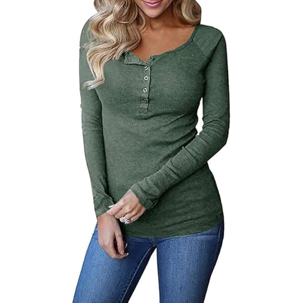 Women Ribbed Knit T-Shirt V Neck Henley Long Sleeve Shirts Front