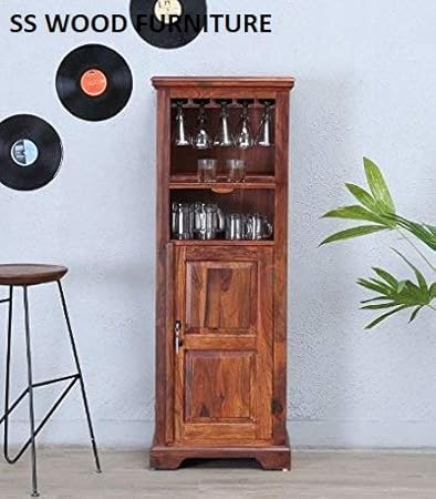 SS WOOD Furniture Bar Cabinet | Wine Rack with Glass Storage | Bar Unit for Home Decor (Sheesham Wood) (Teak Shade)
