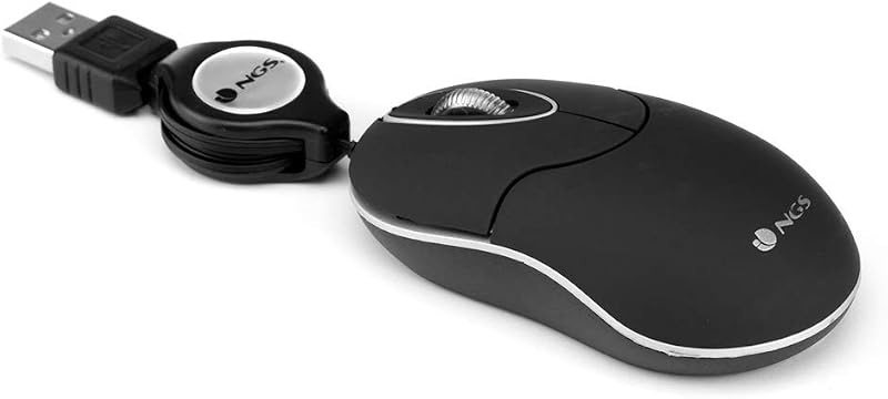 SIN BLACK - Ratón Óptico 1000dpi con Cable Retráctil USB, Ratón para Ordenador o Portátil con 2 Botones, Ambidiestro