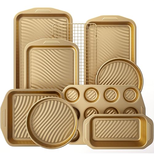 HONGBAKE 9-Piece Baking Pans Set with Wave Texture for Reduced Oil, 0.8mm Thick Non Toxic Bakeware Sets Non Stick, Includes Stackable Cookie Sheets for Oven Cooking, Cake Pan, Muffin Pan, Gold