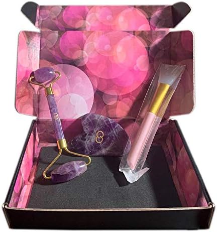 Amethyst Jade Roller and Guasha Set by Gech Cosmetics - Natural Noiseless Scraping Massage Tool with 100% Quartz and Brush- Face and Eye Puffiness and Neck Pain - Anti Aging and Wrinkle Benefits