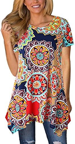 Webury Women Casual Tops Swing Tunic Short Sleeve Long T Shirt with Floral Printed Multicolored XXXL