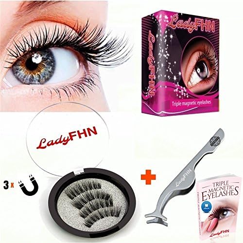 Triple Magnetic Eyelashes by LadyFHN | 3D Reusable 3 Magnets False Lashes for Natural Look (1 Pair 4 Pieces) No Glue & No Pain + Extension Applicator Tool Remover - Stainless Steel Tweezers plus Ebook