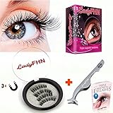 Triple Magnetic Eyelashes by LadyFHN | 3D Reusable 3 Magnets False Lashes for Natural Look (1 Pair 4 Pieces) No Glue & No Pain + Extension Applicator Tool Remover - Stainless Steel Tweezers plus Ebook