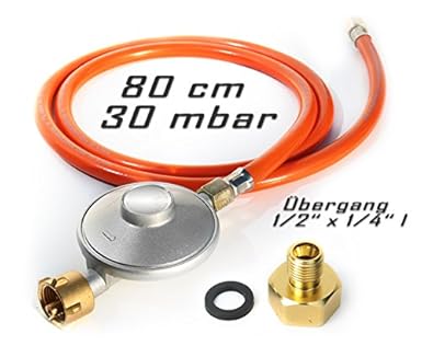 Anschluss-Set bestehend aus Druckminderer 30 mbar Gasschlauch 80 cm + Übergang 1/2' x 1/4' / Gas Regler (für z.B. Gaskocher, 