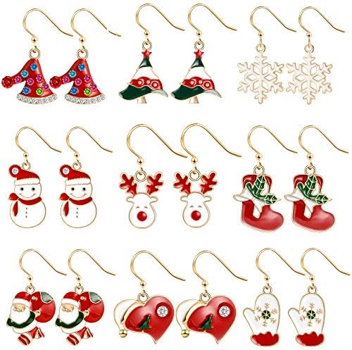 Christmas Earrings Holiday Jewelry Set gifts for Womens Girls,Thanksgiving Xmas Jewelry Snowman Snowflake Sock Santa Claus Christmas Tree Christmas Hat deer gloves Drop Dangle Earrings（9 pairs）