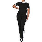 PINSV Women's 2 Piece Outfits Short Sleeve Tops Sweatpants Colorblock Bodycon Lounge Sets Tracksuit