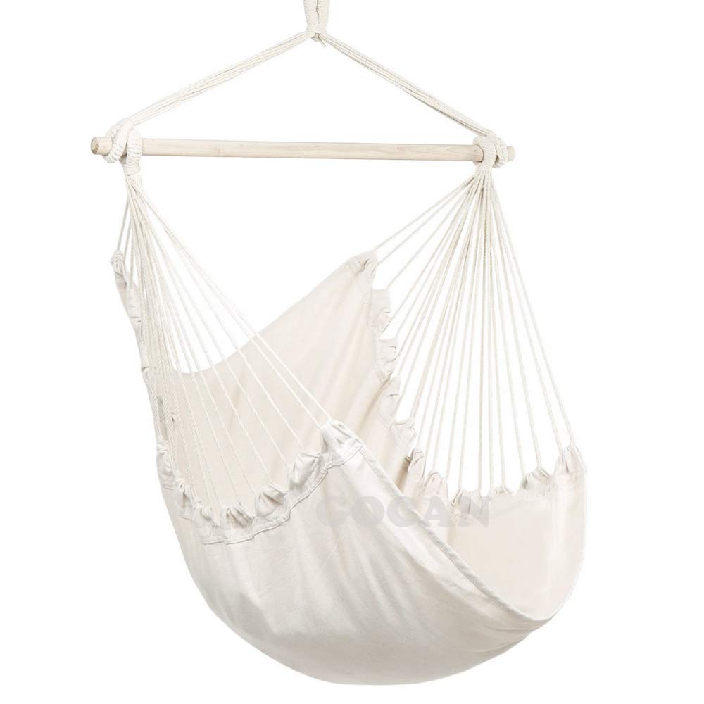 GOCAN Hammock Chair Large Hammock Swing,110 X 150cm load 350lbs,Cotton Hanging Chair Steel Spreader Bar Wide Seat Swing Chair(Beige)