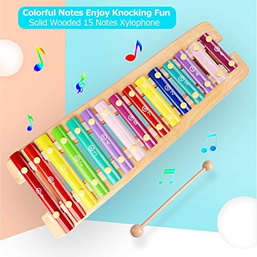 Xylophone 15 Keys Wooden Xylophone for Kids Glockenspiel Xylophone Toy Musical Instruments Preschool Learning Montesssori Toy, Child Safe Mallets, 1 2 3+ Years boy girl toddler Birthday Holiday Gift