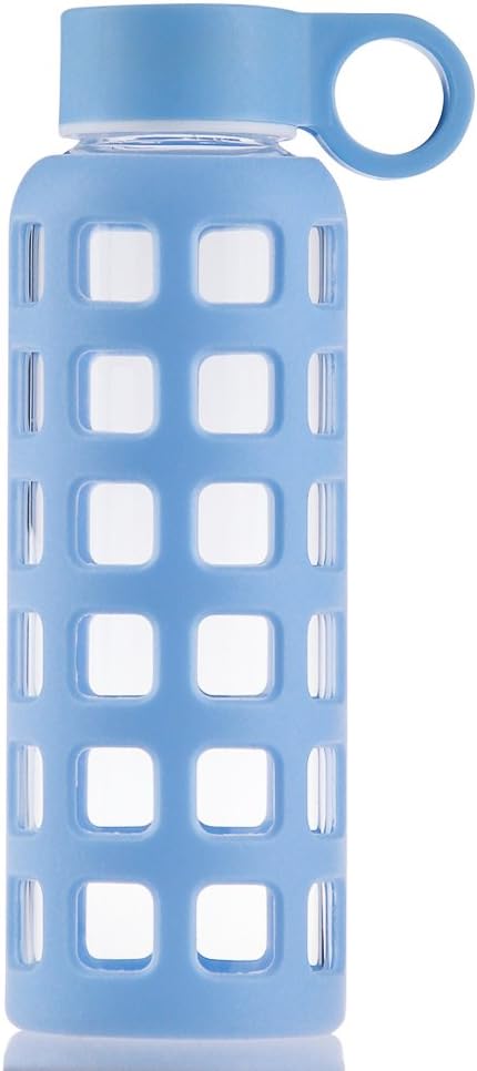 Reeho Borosilicate Sports Glass Water Bottle With Non Slip Silicone Sleeve [BPA Free] (22oz Blue, 22oz)