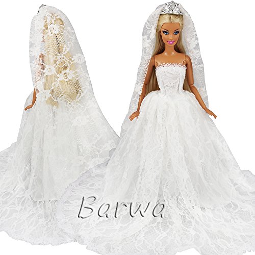 Barwa White Wedding Dress with Veil and Pink Princess Evening Party Clothes Wears Gown Dress Outfit with Hat for Barbie Doll