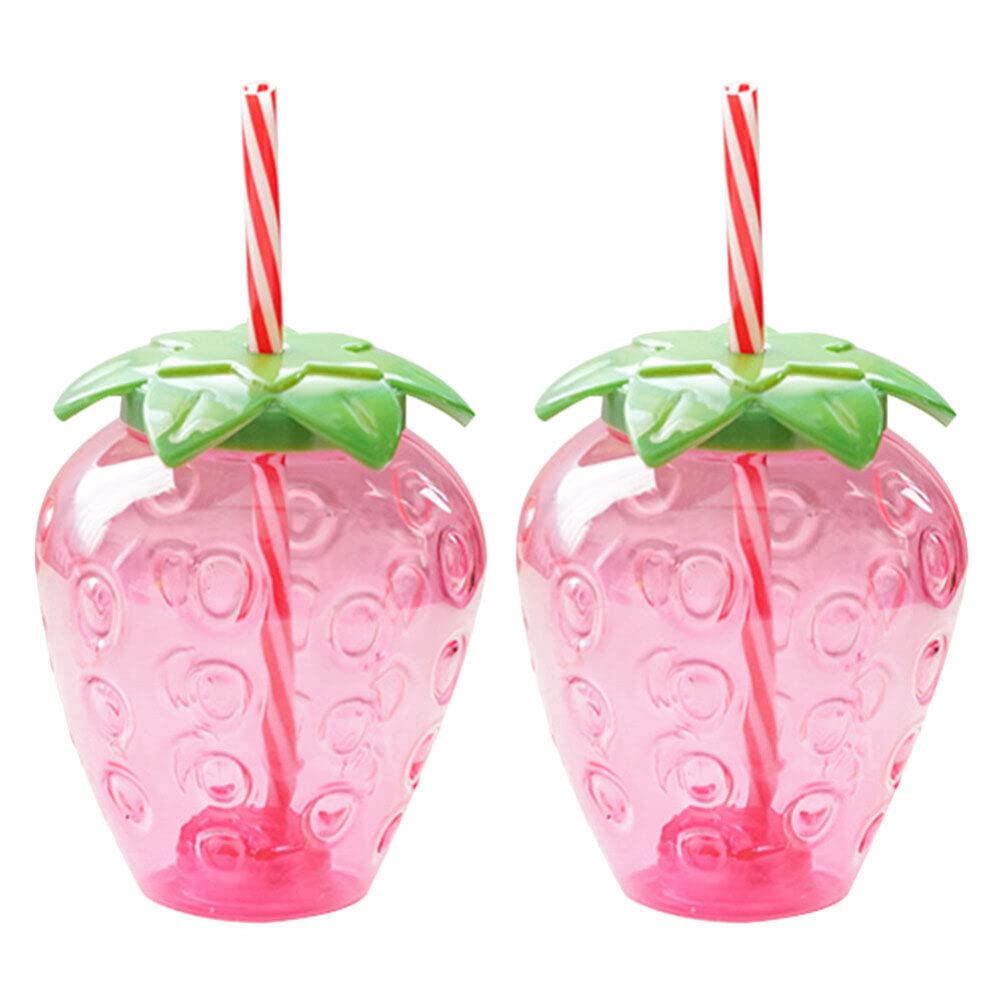 HEMOTON 2Pc Strawberry Sip Cups with Straw and Lid Clear Plastic Beverage Mugs for Coffee Tea Juice Lightweight Reusable Drinking Cups for Home and Outdoor Use