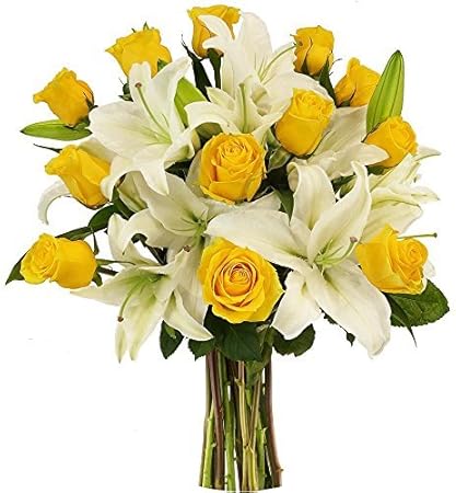 Floralbay Glass Vase Arrangement of 12 Yellow Roses and 8 White Asiatic Lilies with Greenery