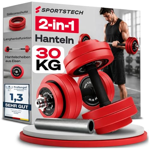 Sportstech AH300, Hanteln Set, 20 kg-30 kg, 2in1 Kurzhanteln und Langhantel Set, verstellbar, mit Silikonüberzug, Gewichte Hantelset für Zuhause, Kraf