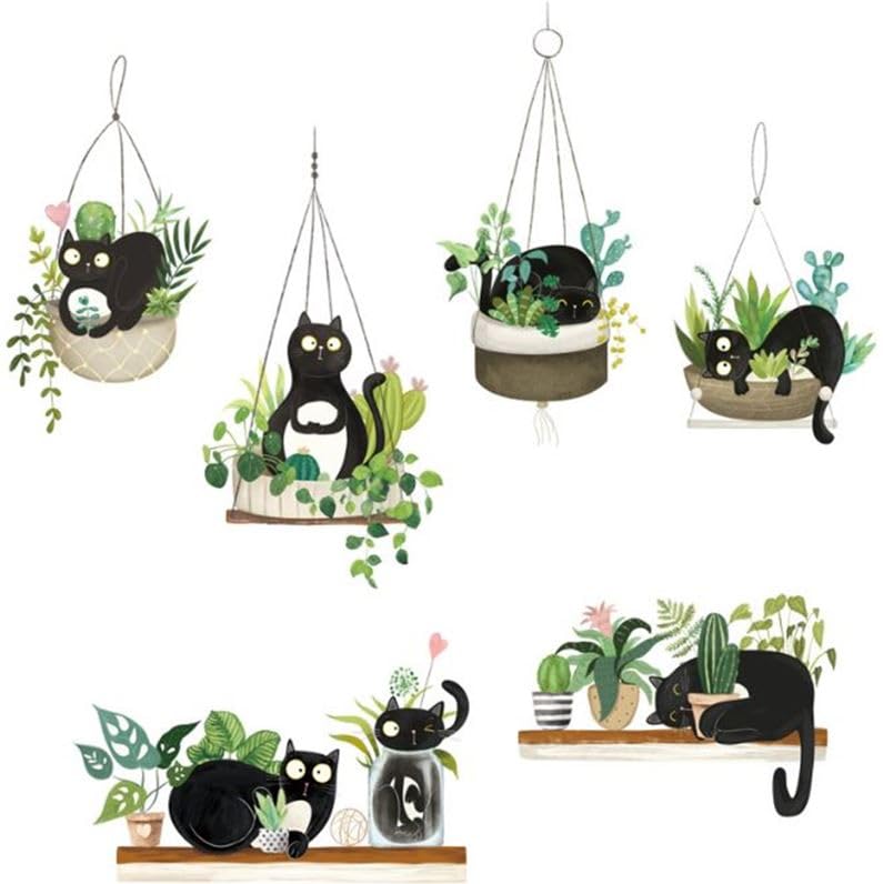 Black Cat Sticker, Green Potted Plant Wall Sticker, Detachable Art Vinyl Door Sticker for Bedroom Living Room Office Decoration (1#)