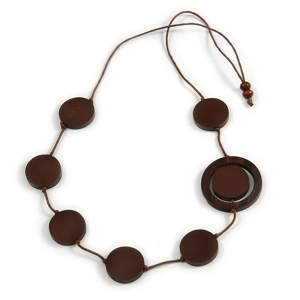 Avalaya Brown Coin Wood Bead Cotton Cord Necklace - 80cm Long - Adjustable