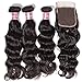 Unice 8A Grade Brazilian Natural Wave Hair 3 Bundles with Free Part Lace Closure 100% Virgin Human Hair Extensions Weave Natural Color (16 18 20+14'' Closure)