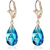 Austrian Crystal Teardrop Leverback Dangle Earrings for Women Fashion 14K Gold Plated Hypoallergenic Jewelry