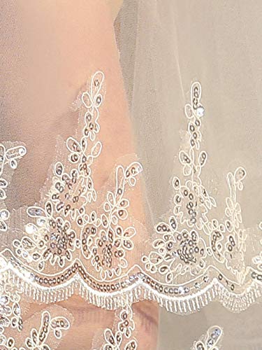 Barogirl Wedding Veil Lace Appliques 2 Tier Bridal Veil Fingertip Length with Comb (White) - Thumbnail 3
