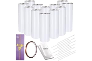 YOUKE OLA 12 Pack Straight Skinny Sublimation Tumblers 20oz for Heat Transfer, Bulk Sublimation Blanks Individually Boxed, Double Wall Insulated Tumbler with Shrink Films & Heat Tape, White (12)