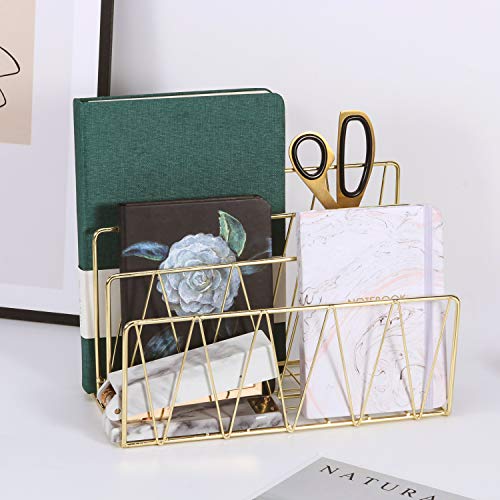 Simmer Stone Mail Sorter, 3 Slot Wire Letter Holder Rack, Decorative Desk File Organizer for Bill, Postcard, Brochure, Magazine and More, Gold