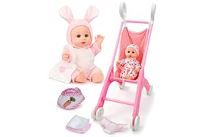 PLAYFULBAY Baby Doll Stroller Set with 2 Doll Outfits, Toy Baby Stroller for Dolls with Diaper, Bib & Mini Bag, Imaginative R