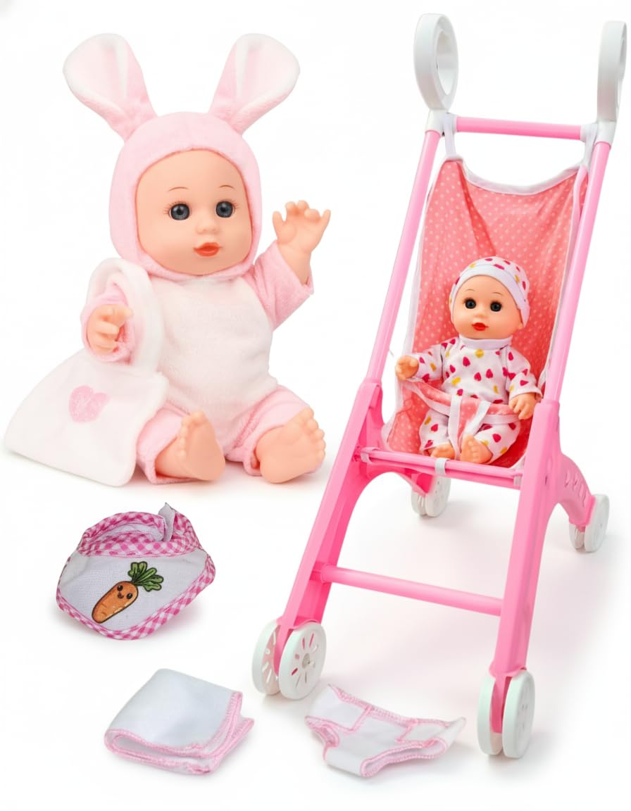 PLAYFULBAY Baby Doll & Dolls Pram Set for Girls – 2 Outfits, Nappy, Bib & Mini Bag – Imaginative Role-Play Gift for Ages 2+