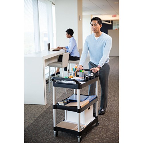 Rubbermaid Commercial Products Heavy Duty 3-Shelf Rolling Service/Utility/Push Cart, 200 lbs. Capacity, Black, for Foodservice/Restaurant/Cleaning/Workplace