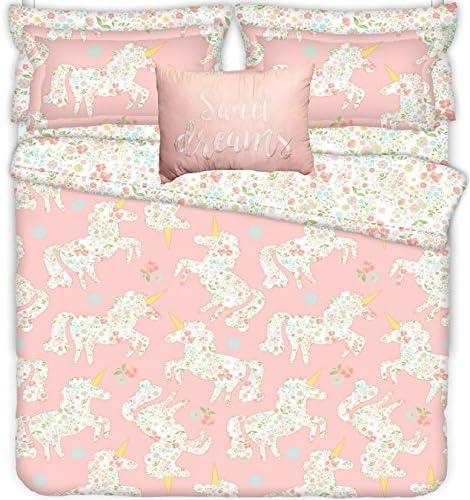 Girls Whimsical Magical Pink Unicorn Quilt set TWO PILLOW SHAMS and One Decorative Breakfast PILLOW! (4pc FULL/QUEEN SIZE Set)