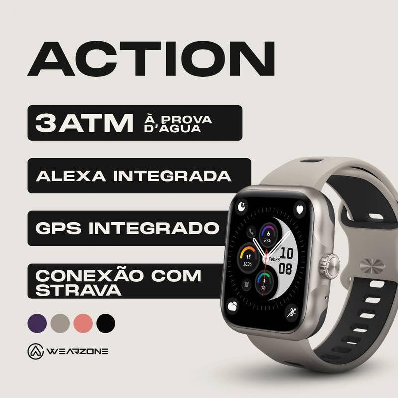 Smartwatch Action com GPS Integrado, Alexa integrada, Tela AMOLED, Resistência 3ATM, A prova d'água, Fitness e Notificações Inteligentes Pulseira Respirável (Preto)