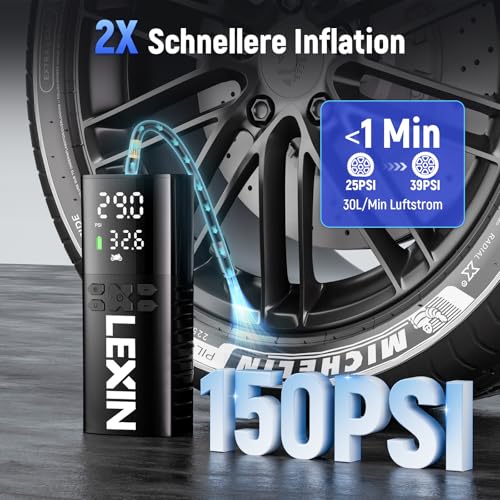 LEXIN P4 Elektrische Luftpumpe, Akku Kompressor 4000mAh, Tragbare Luftpumpe Fahrrad 150 PSI (10,3 Bar), Luftkompressor für Fahrrad Auto Motorrad Bälle, Mini Reifenpumpe mit LED-Anzeige, Notbeleuchtung thumbnail 2