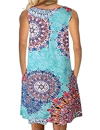 Vestidos de verano para las mujeres Boho Playa Vestido sin Mangas Camiseta Swing Damasco